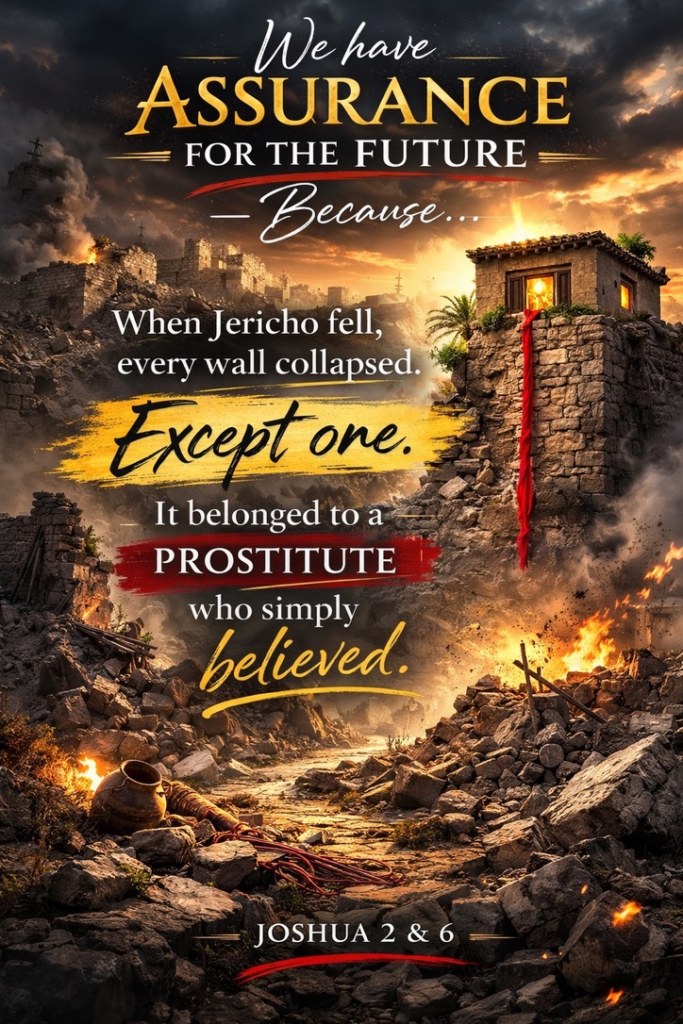 We have assurance for the future: when Jericho fell every wall collapsed except one — the house of Rahab, who believed. Joshua 2 & 6